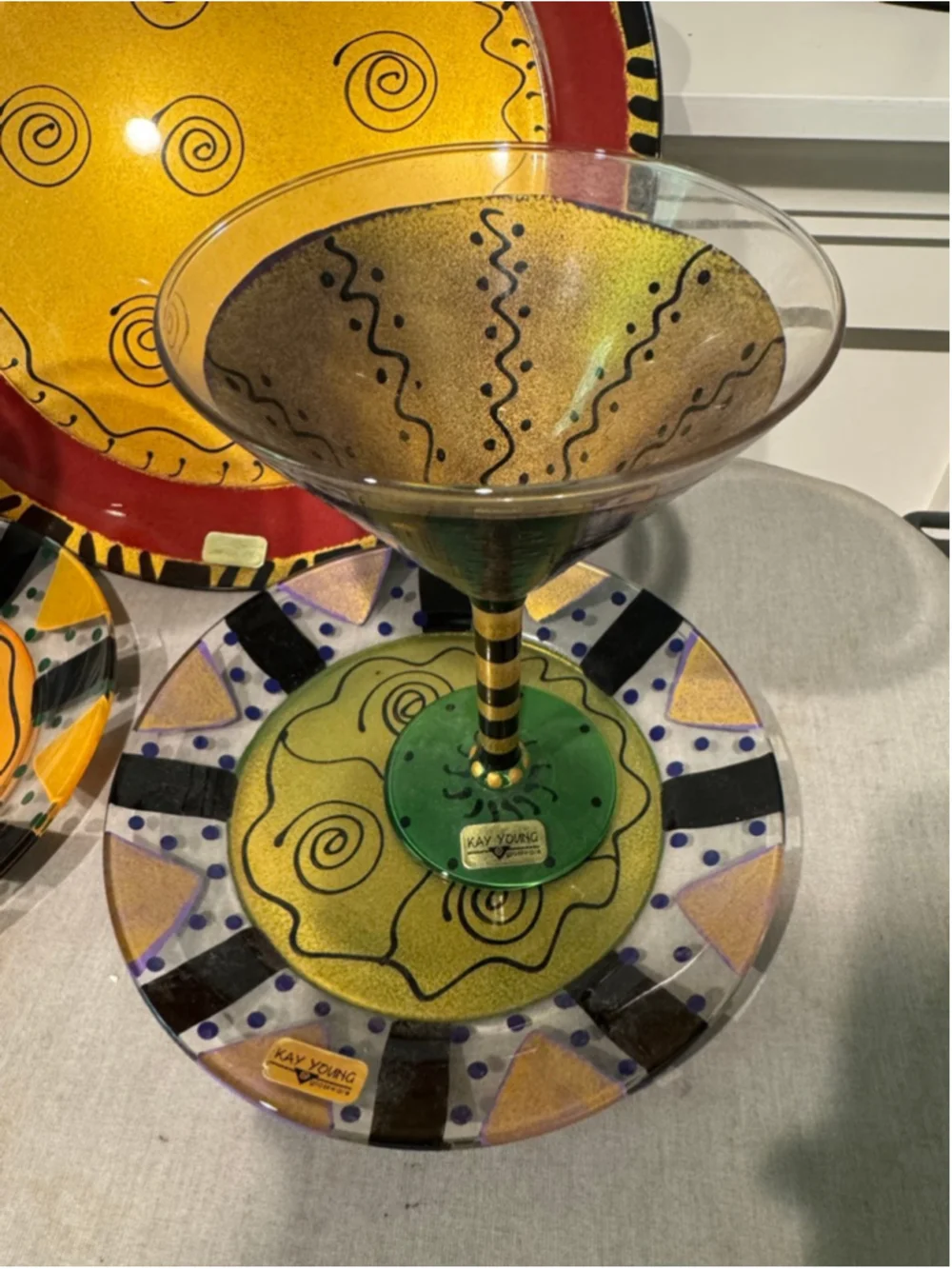 Kay Young serveware decor 5 piece Set Gold Red Black Martini Glasses Plates